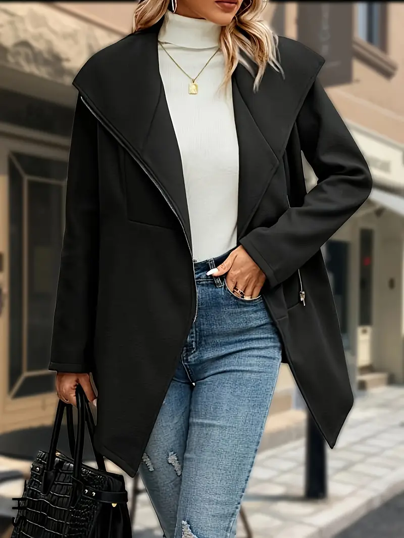 solid lapel zipper jacket, solid lapel zipper jacket versatile long sleeve asymmetrical outwear for fall winter womens clothing details 4