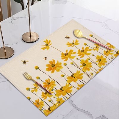 1pc, Yellow Flower Bee Pattern Placemat (16.53"x12.5"), Linen Placemat, Scene Decor, Holiday Accessory, Birthday Party Supplies, Kitchen Decor, Christmas Gift, Home Decor
