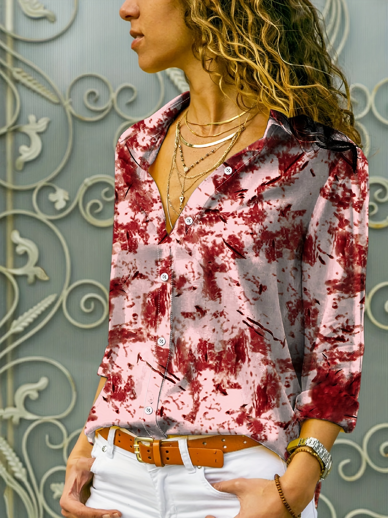 Pink Floral Print Blouse for Women Colorful Flower Button 