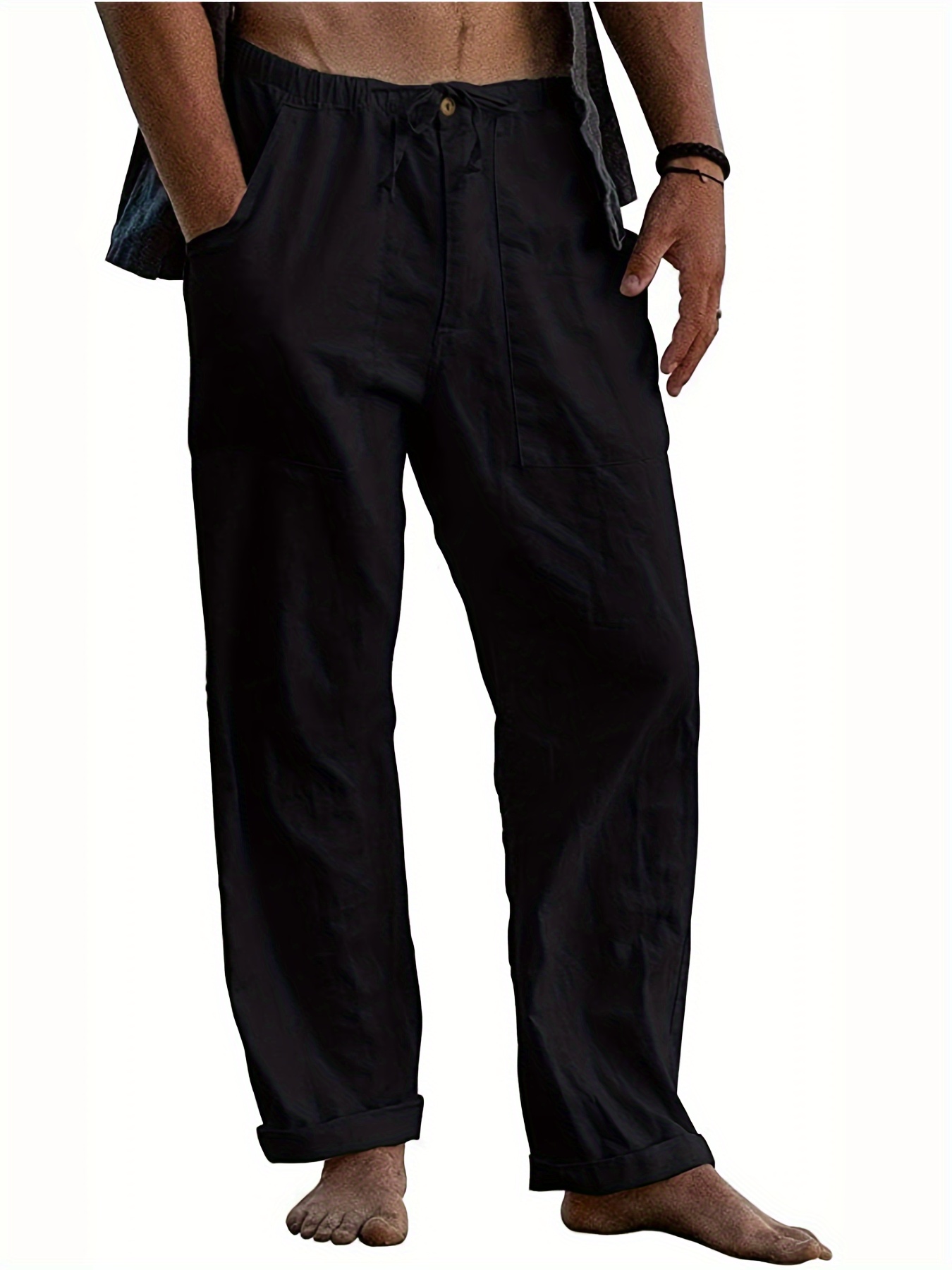 New Arrival Mens Elastic Waist Cotton and Linen Trousers Men Solid
