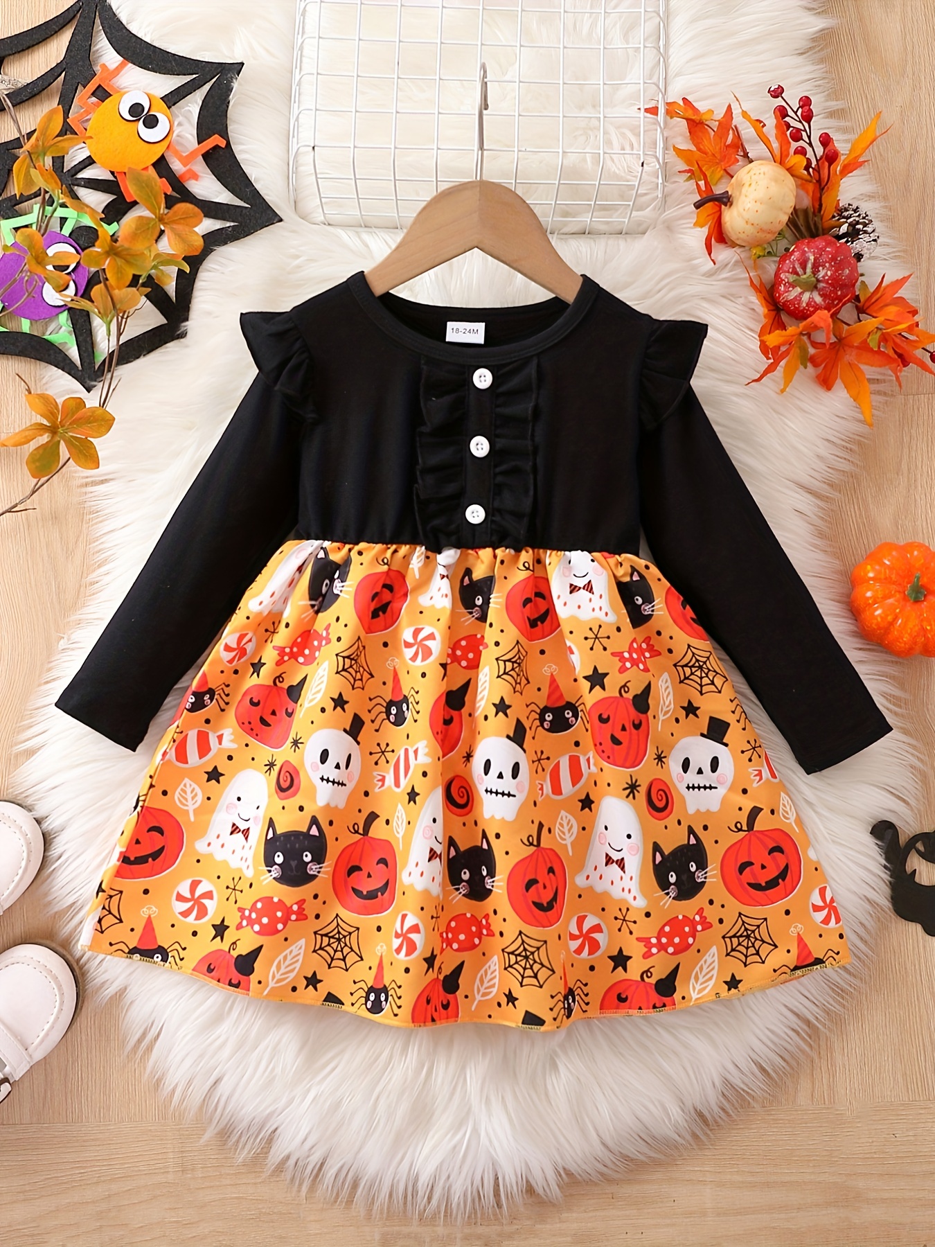 Toddler Girls Cartoon Pumpkin Ghost Print Dress Long Sleeve - Temu Austria