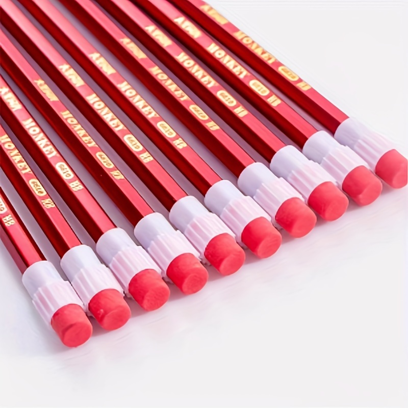 Hb Pencils With Red Barrels And Large Erasers. Hexagonal - Temu