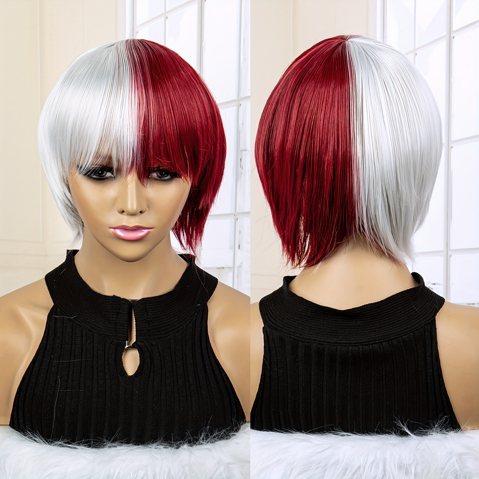 Cosplay Wigs Half Red Half White Straight Hair Wigs Temu