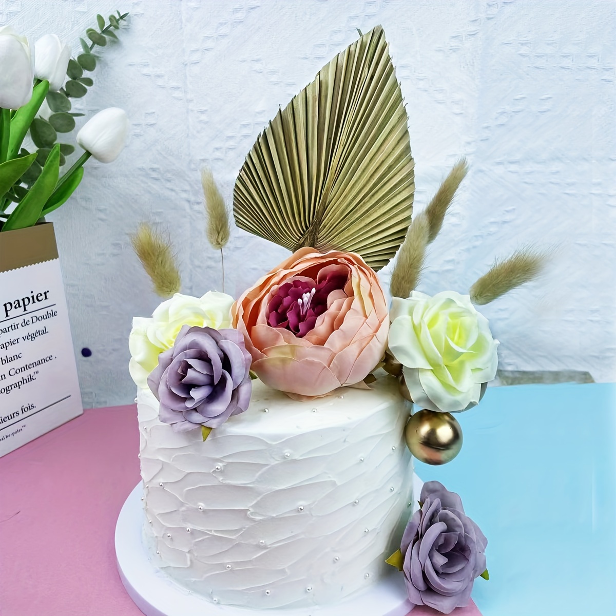 15pcs Green Gold Ball Cake Topper Flower Cake Decorations Happy Birthday Cake Picks Insert Topper for Birthday Party Wedding Decoration