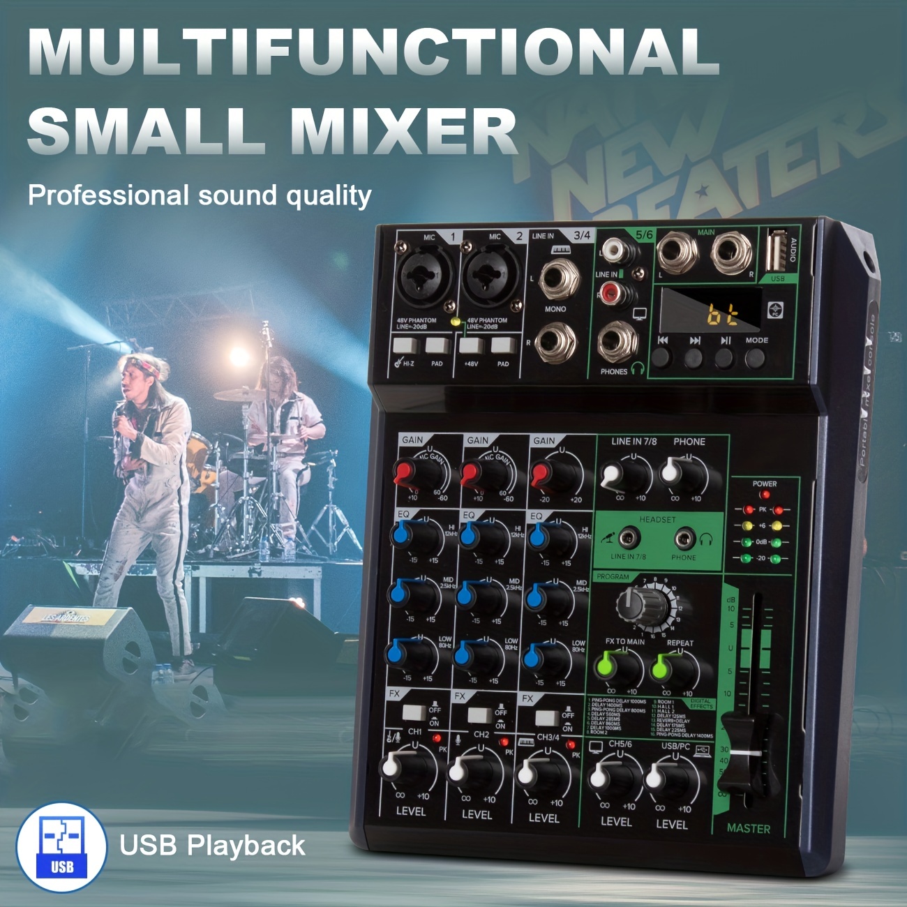 Mezclador profesional con alimentación de 4/7 canales, mezcla de potencia  para estudio en vivo, sonido DJ-Mixer, consola de mezcla con ranura USB (7