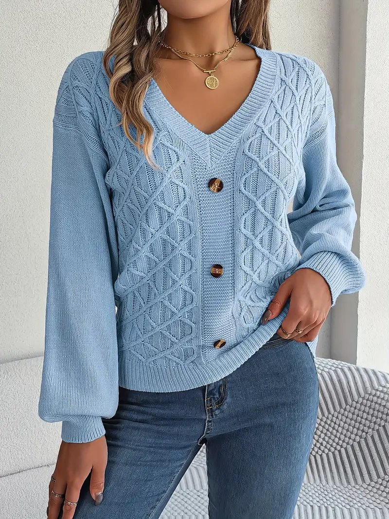 Button Decor V Neck Textured Sweater Casual Long Sleeve - Temu