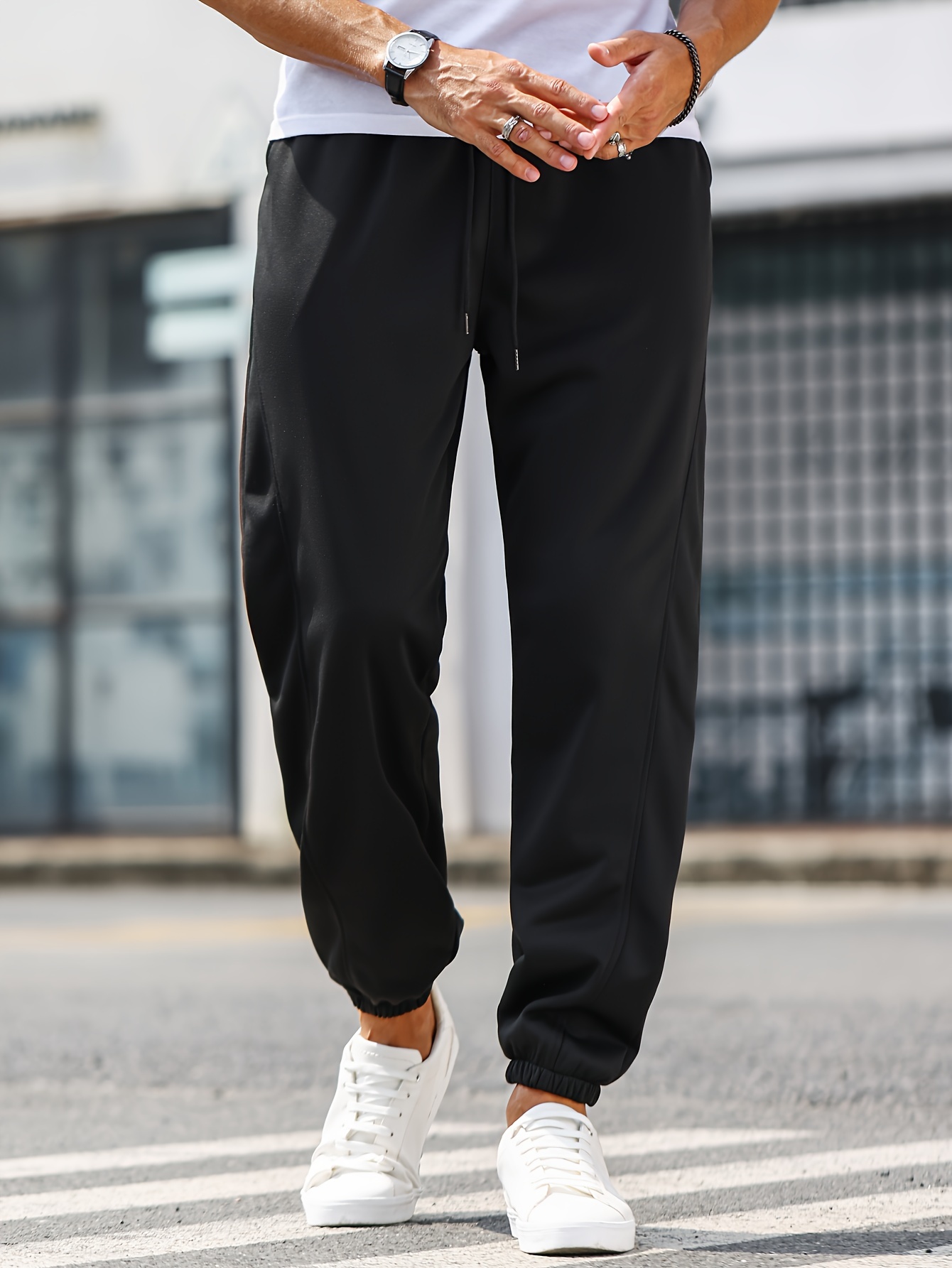 Classic Design Joggers, Men's Casual Waist Drawstring Sports Cropped Pants  For Spring Summer Outdoor