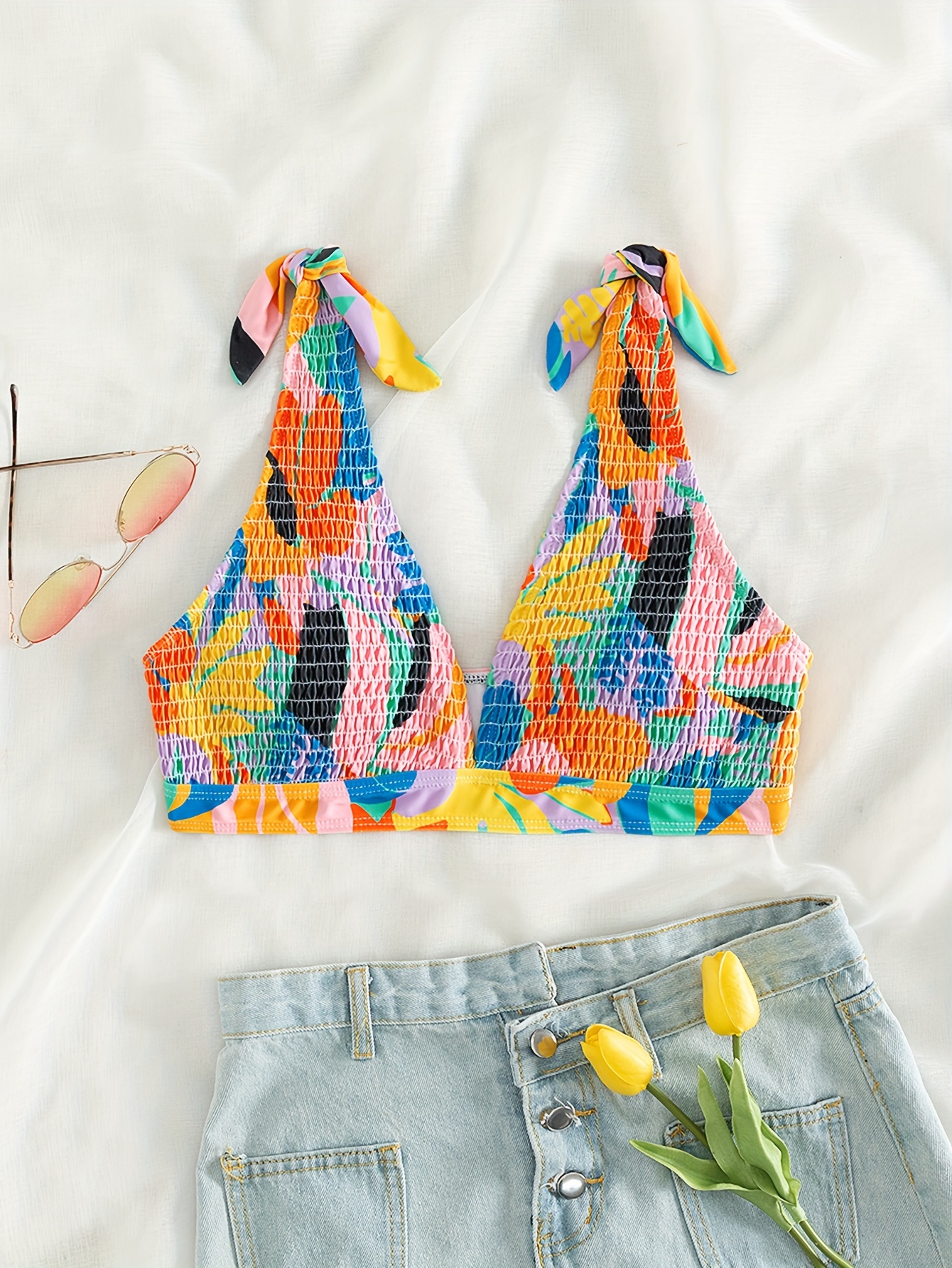 Tropical Leaf Print V Neck High Waist Bikini Sets Drawstring - Temu