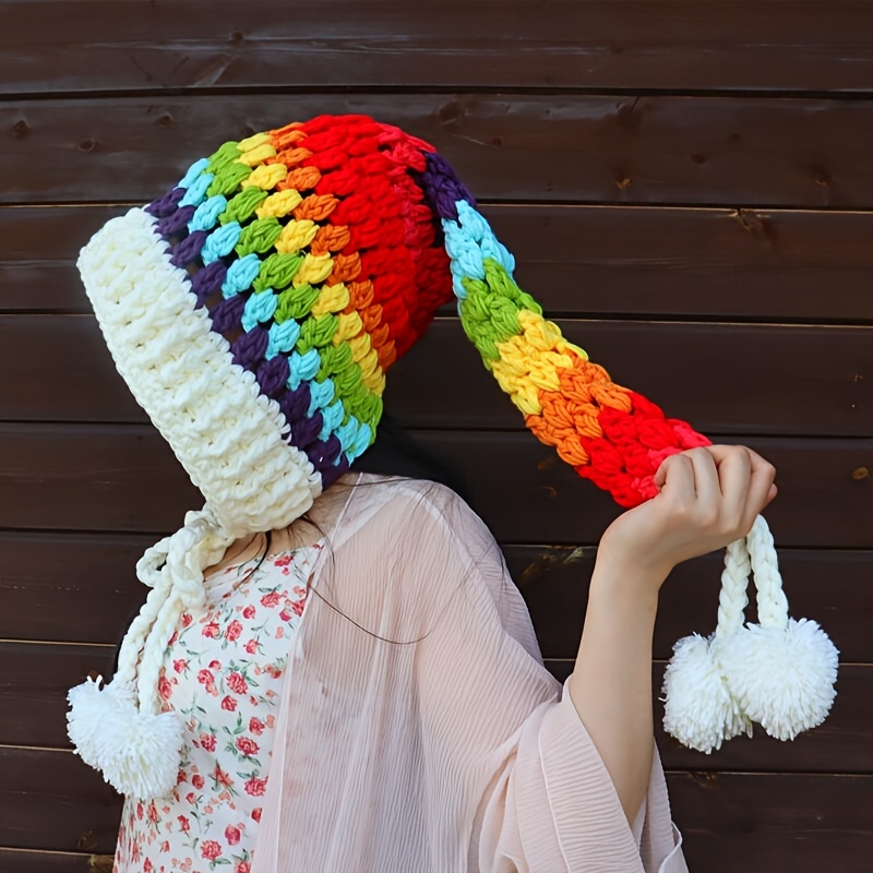Rainbow Striped Oversized Ear Flap Hat Thick Warm Beanies Pom Pom Pendant  Skull Cap Classic Elf Hat For Women Girls Autumn & Winter