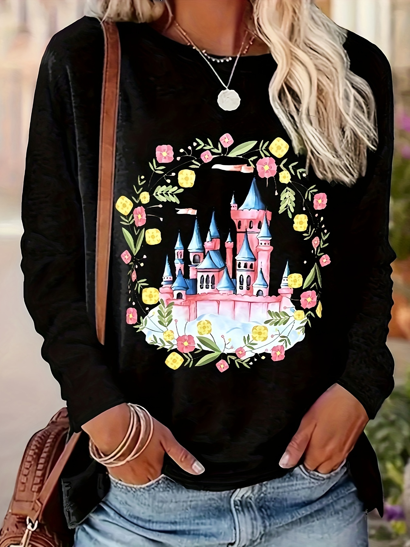 Castle & Flower Print Crew Neck T-Shirt, Casual Long Sleeve Top For Spring  & Fall, Women's Clothing