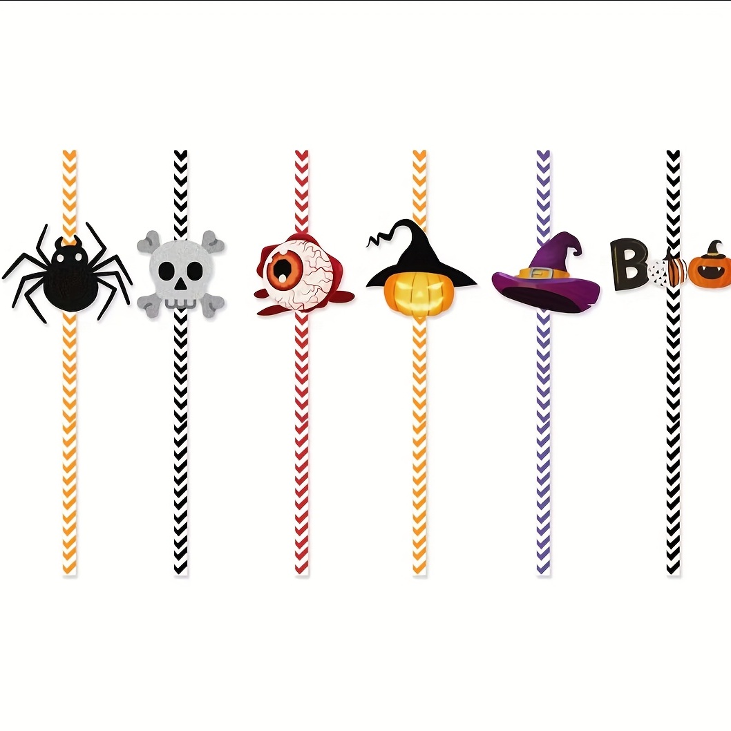 9pcs/set Halloween Party Decoration Straw Toppers, Skull & Bat Design