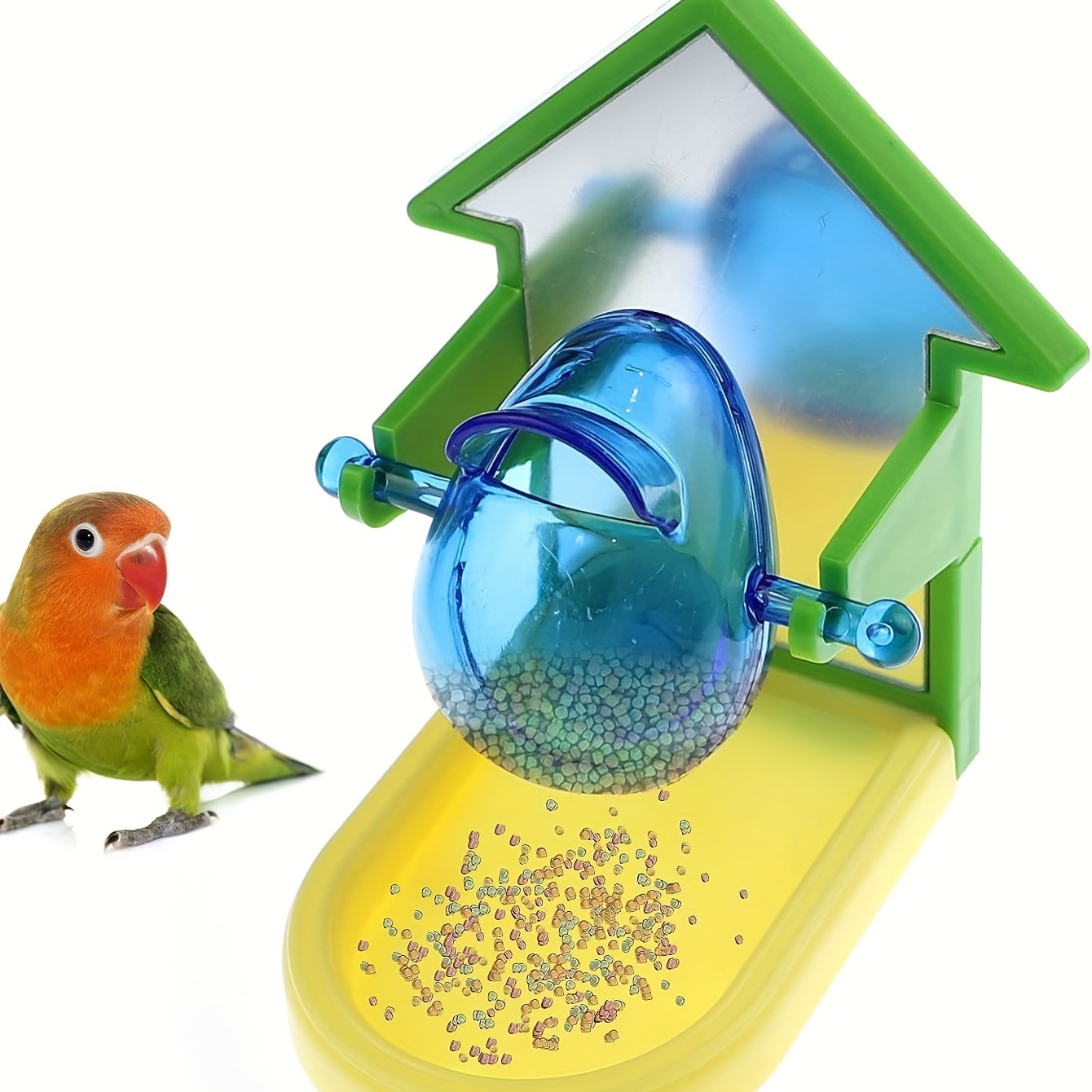 Automatic Bird Food Feeder Mirror Toy for Parrots