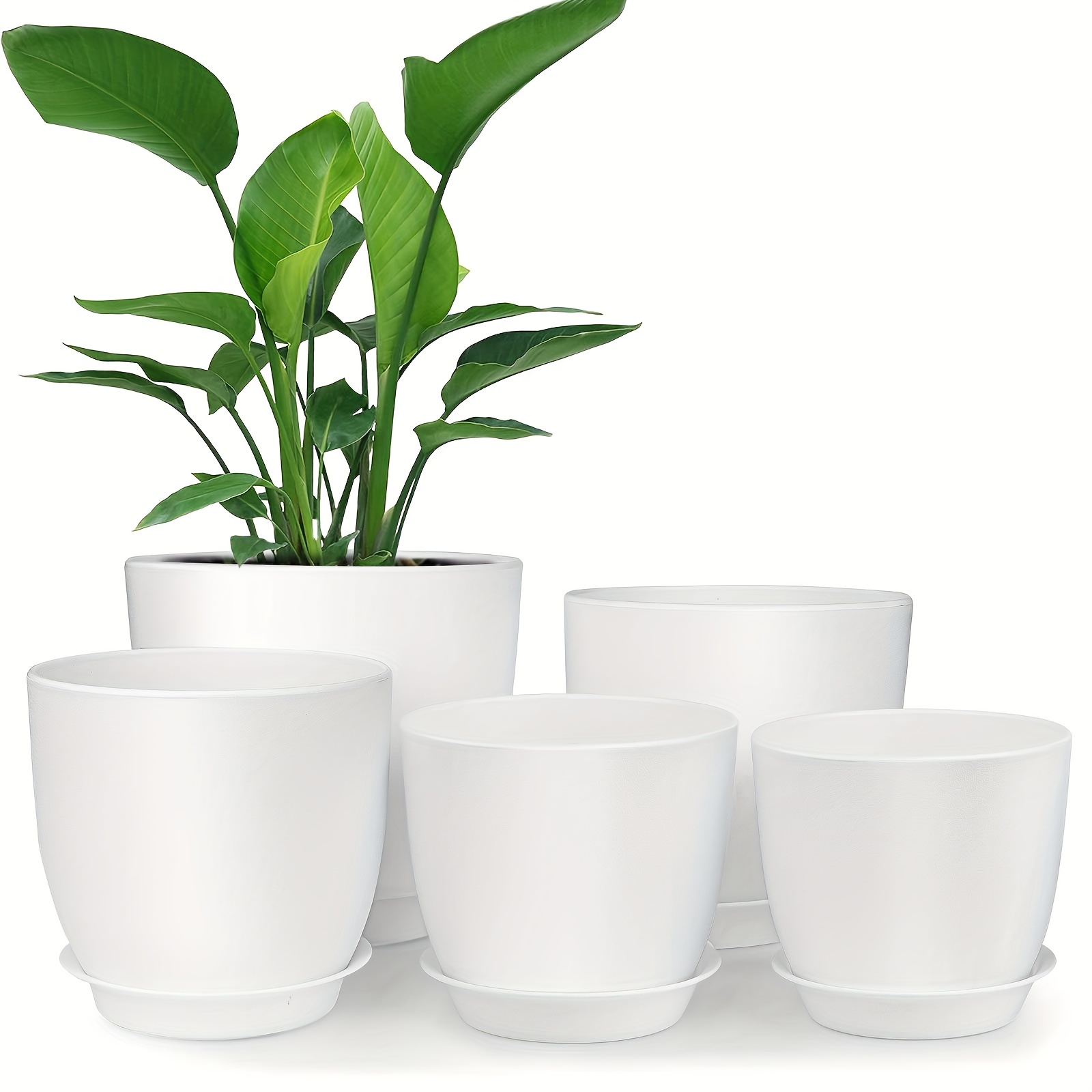 

5pcs, Plastic Planter, 7/6/5.5/4.8/4.5 Inch Flower Pot Indoor Modern Decorative Plastic Pots For Plants With Drainage Hole And Tray For All House Plants, Succulents, Flowers, And Cactus, White
