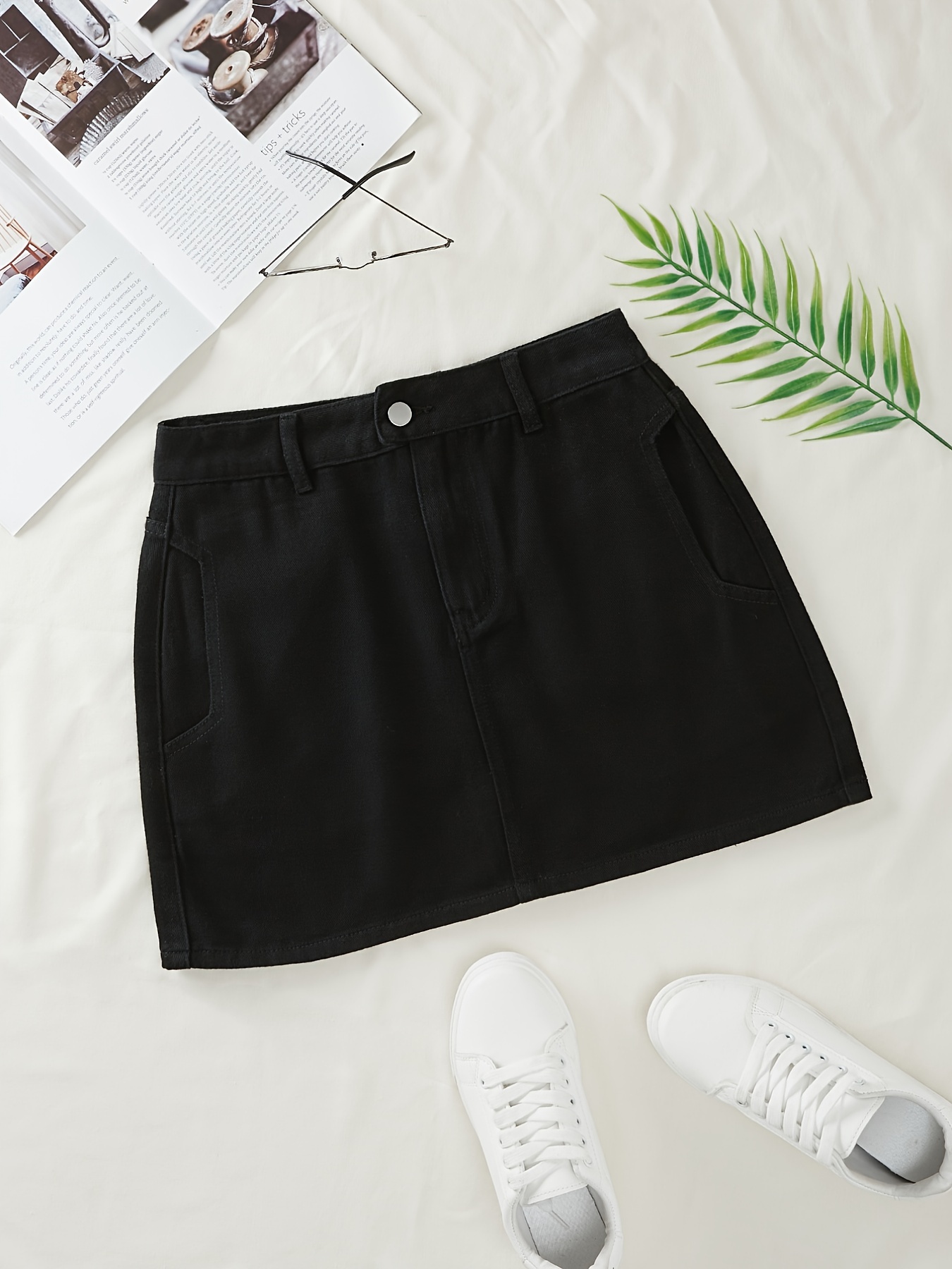 Denim Mini Skirt with Pockets and Side Slit