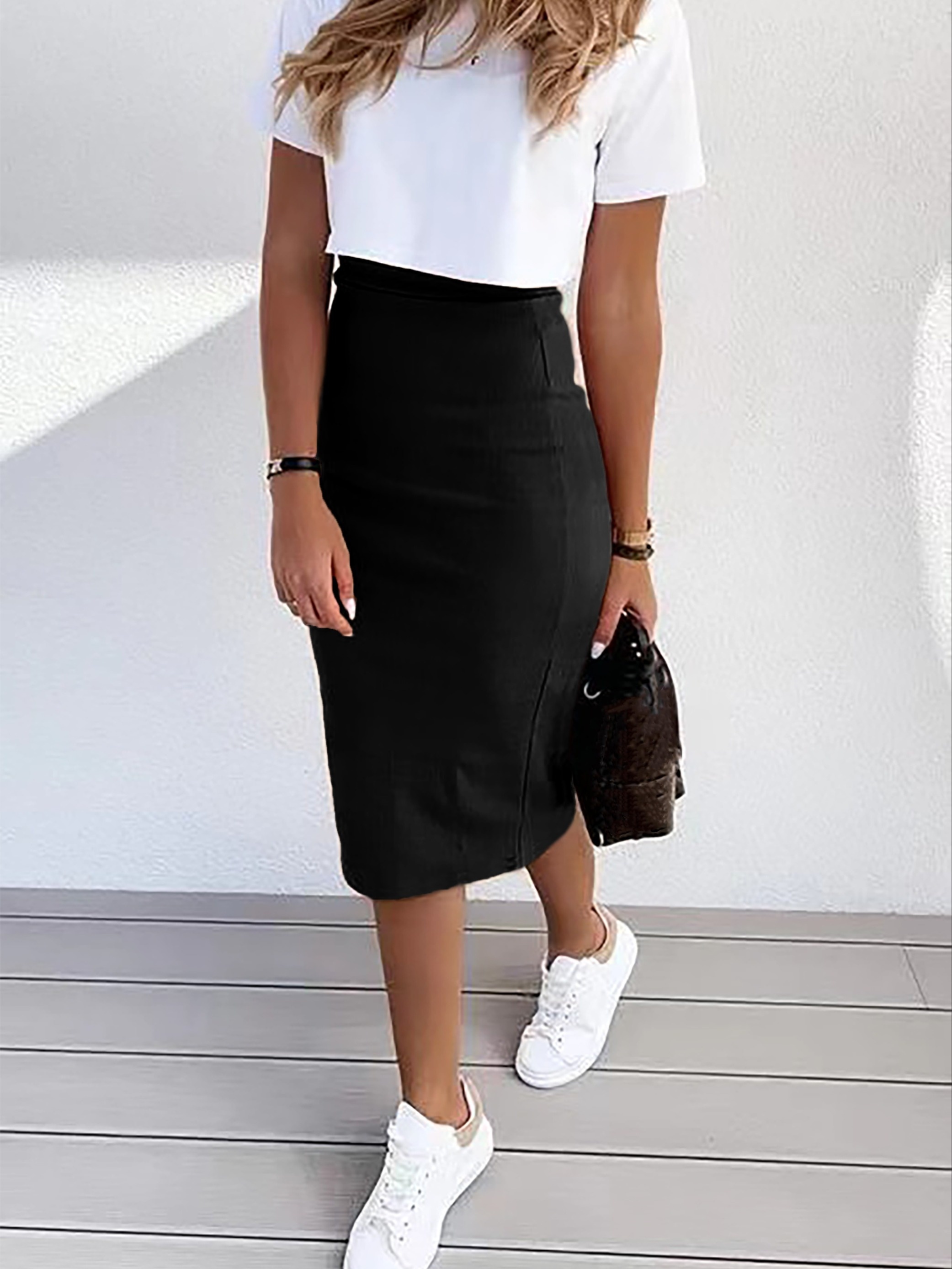 Women's Solid Basic Stretchy Pencil Skirt Black Elegant Casual