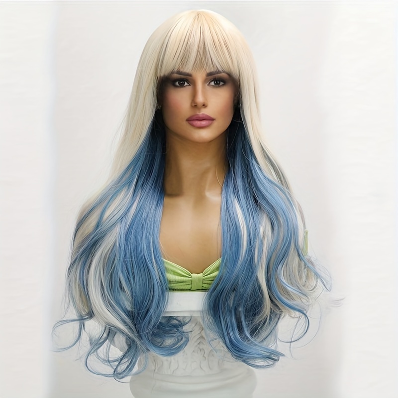 Gold Ice Blue Layered Gradient Straight Bangs Wavy Curly Temu Canada