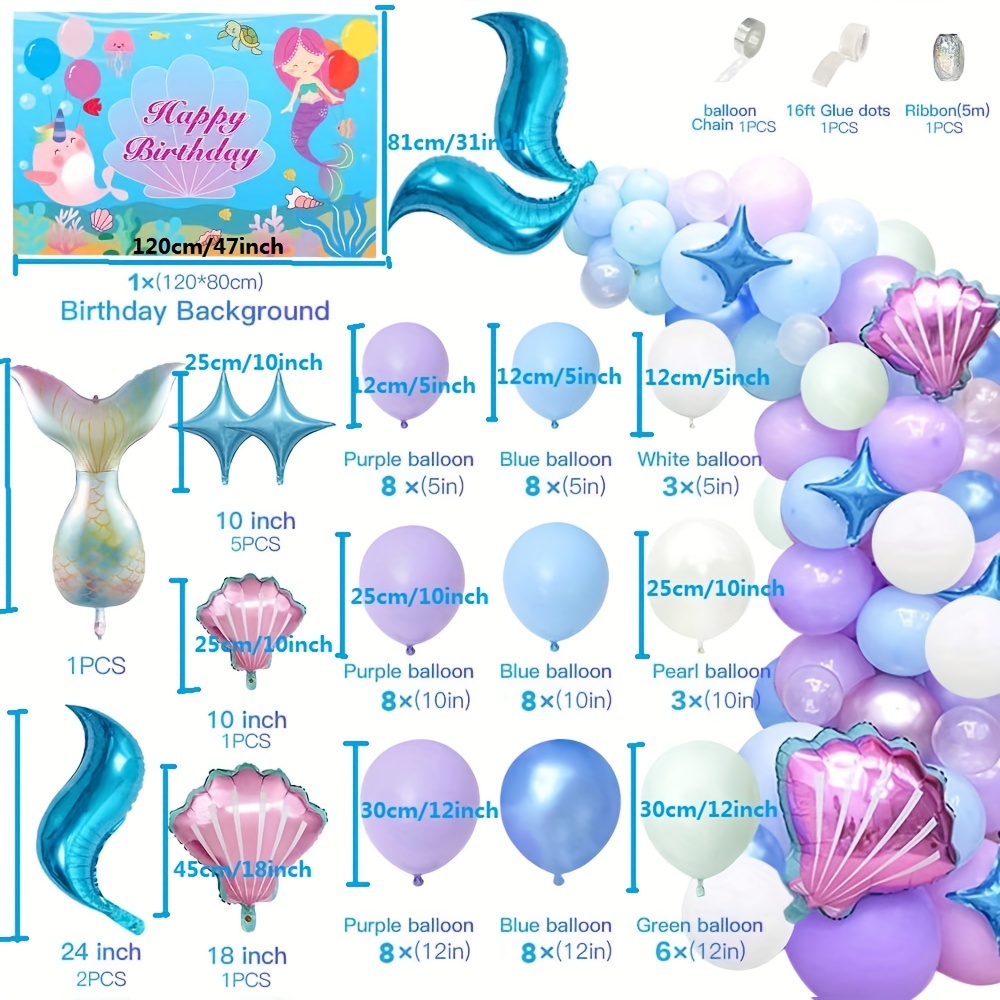 Set, decoración de globos de cumpleaños para niña, tema de sirena,  decoraciones para fiesta de cumpleaños DIY para niña bajo el mar, guirnalda  de glob