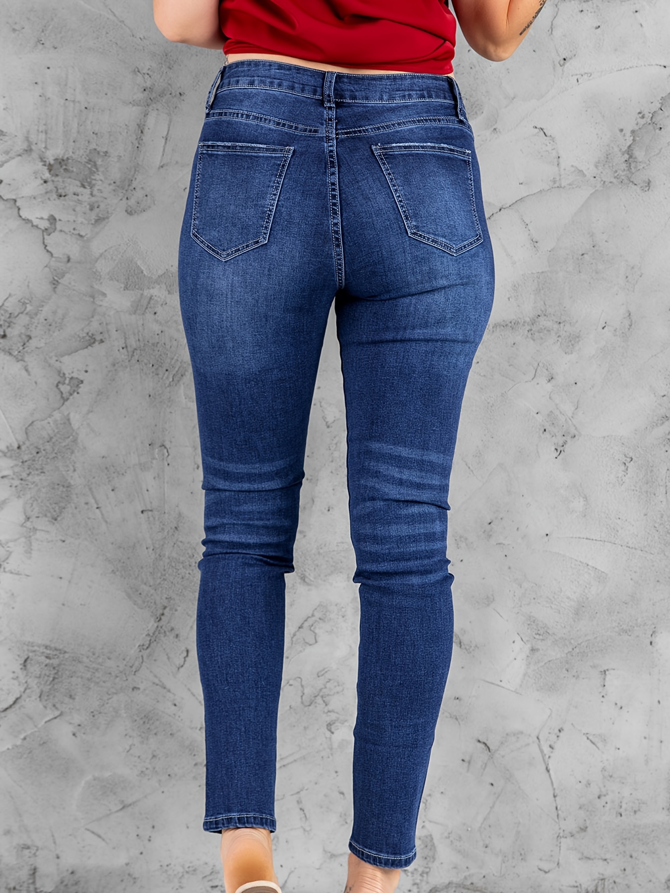 Single Breasted Button Skinny Jeans, Slim Fit Slant Pockets Whiskering  Tight Jeans, Women's Denim Jeans & Clothing
