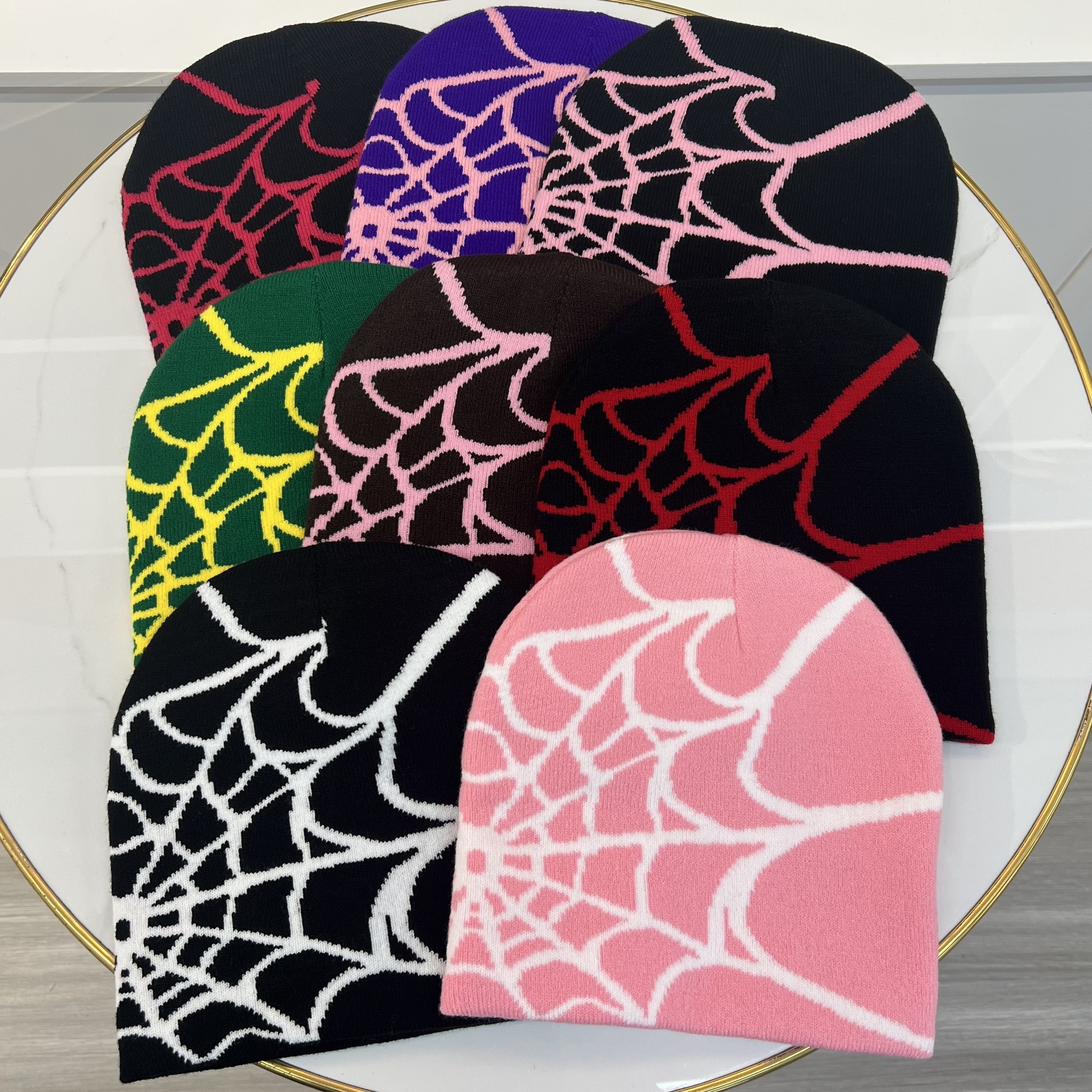 Windproof Knit Beanie Hat with Gothic Net Embroidery