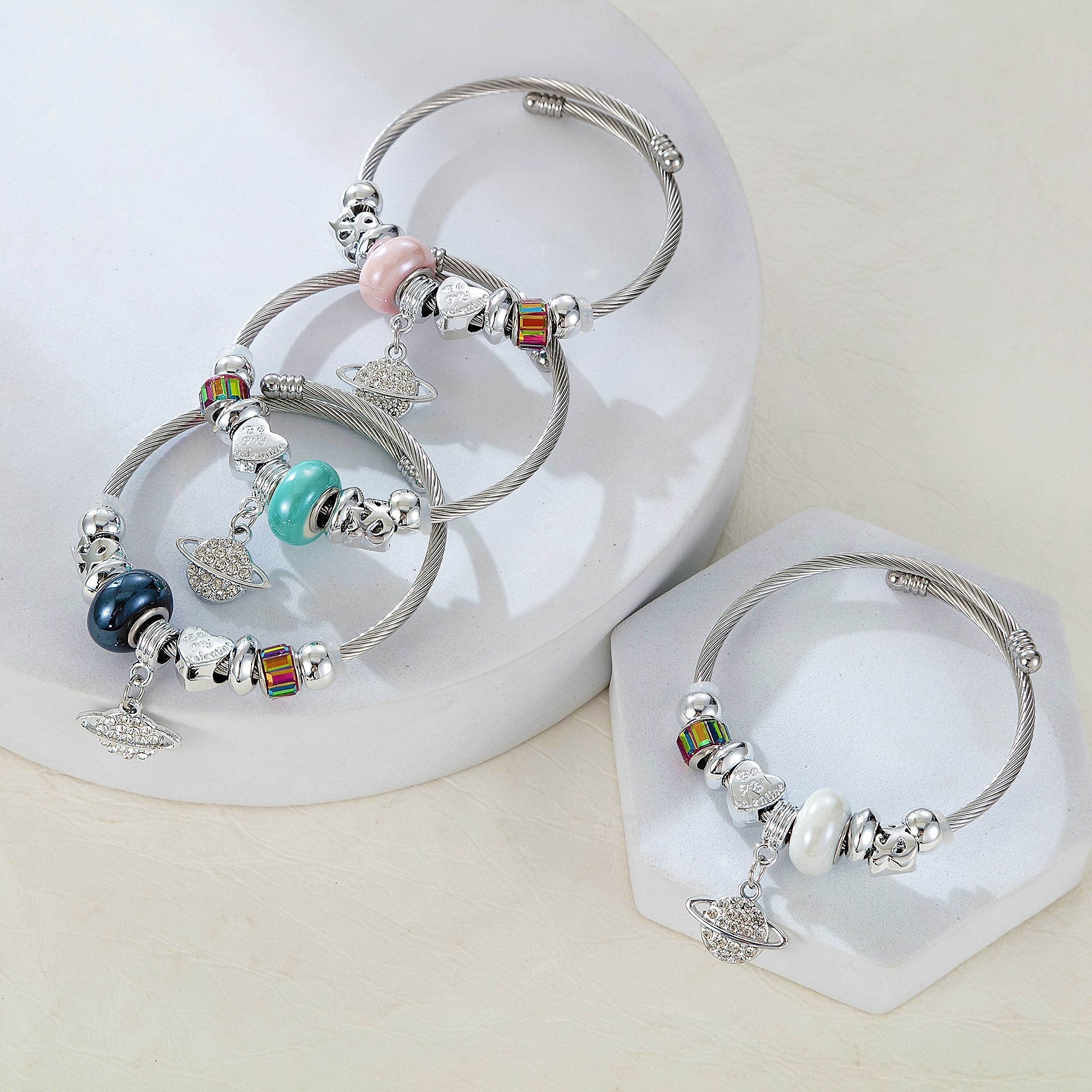 vintage style handmade diy charm beads planet inlaid shiny zircon cuff twist bangle for women jewelry gift details 1