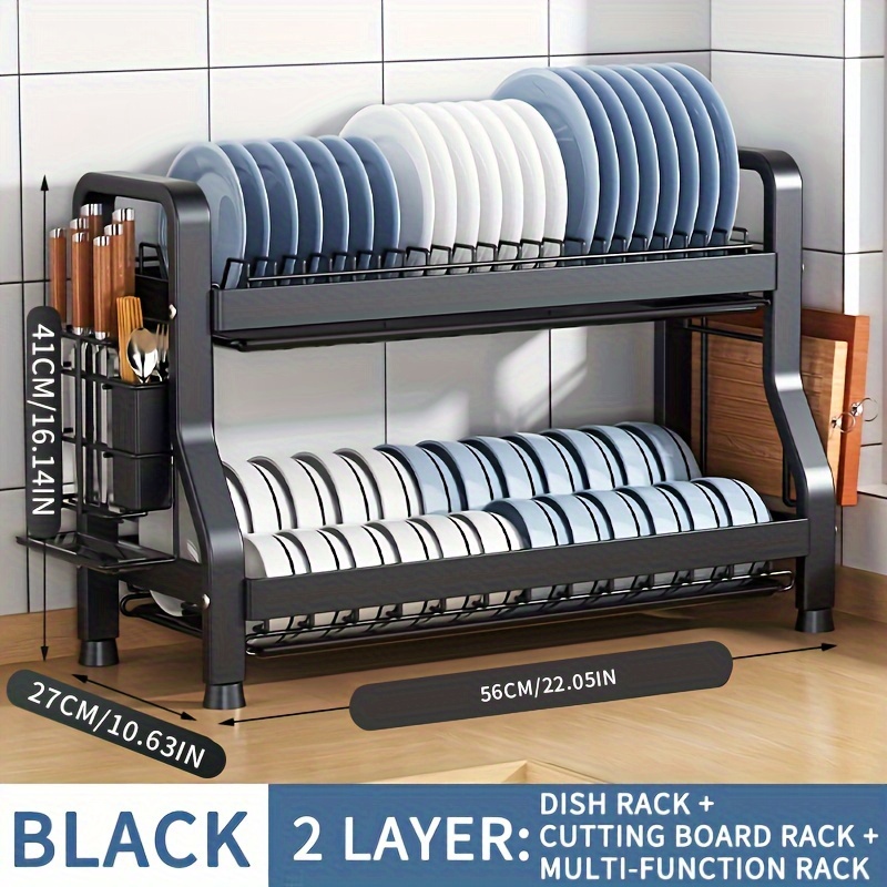 1pc Japanese Style Iron Spray Painted Kitchen Storage Rack With Cutlery &  Dish Drainboard, Double Layer Metal Organizer (black/white)