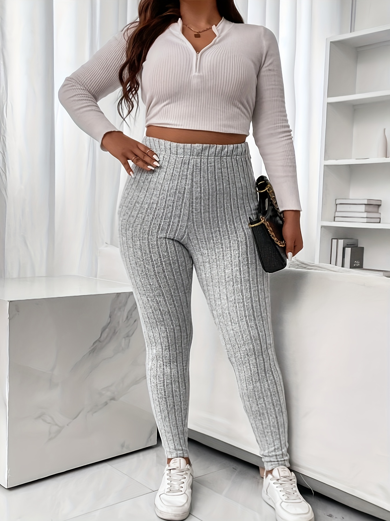 Plus Size Casual Pants Women's Plus Solid Ribbed High - Temu