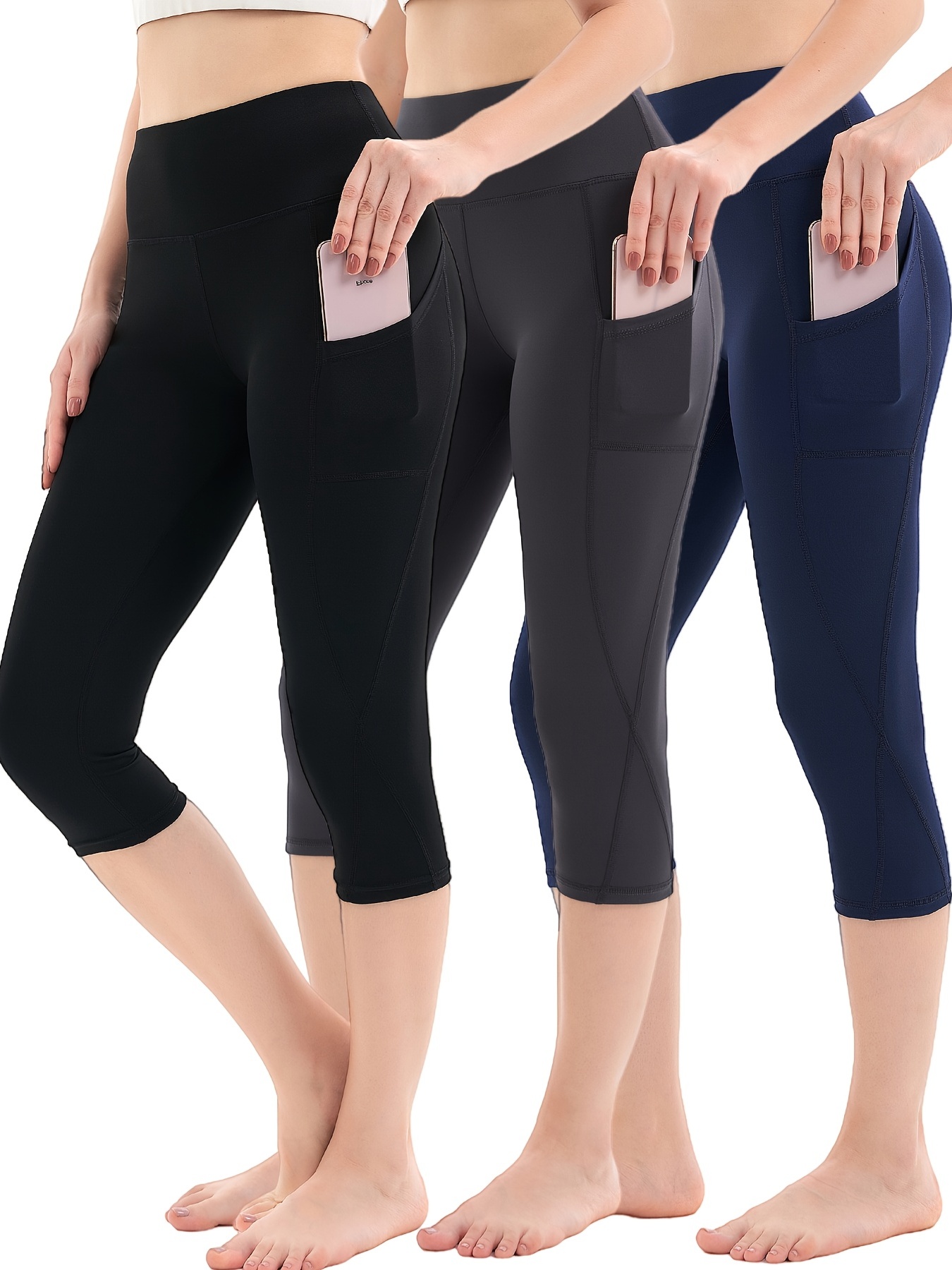 Plus Size Elegant Capri Pants, Women's Plus Solid Split Hem High Stretch  Capri Pants With Pockets