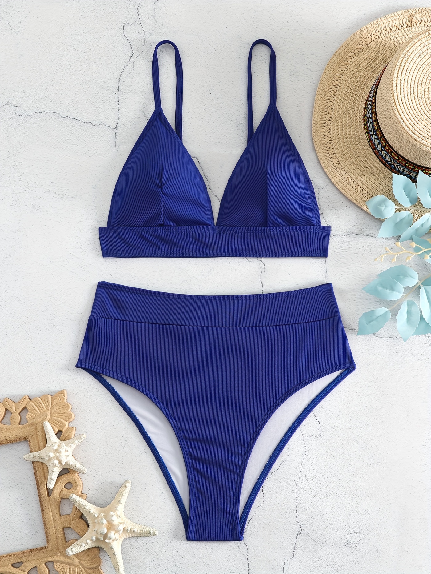 Rib Knit Triangle Plain Bikini Spaghetti Strap High Cut - Temu Canada