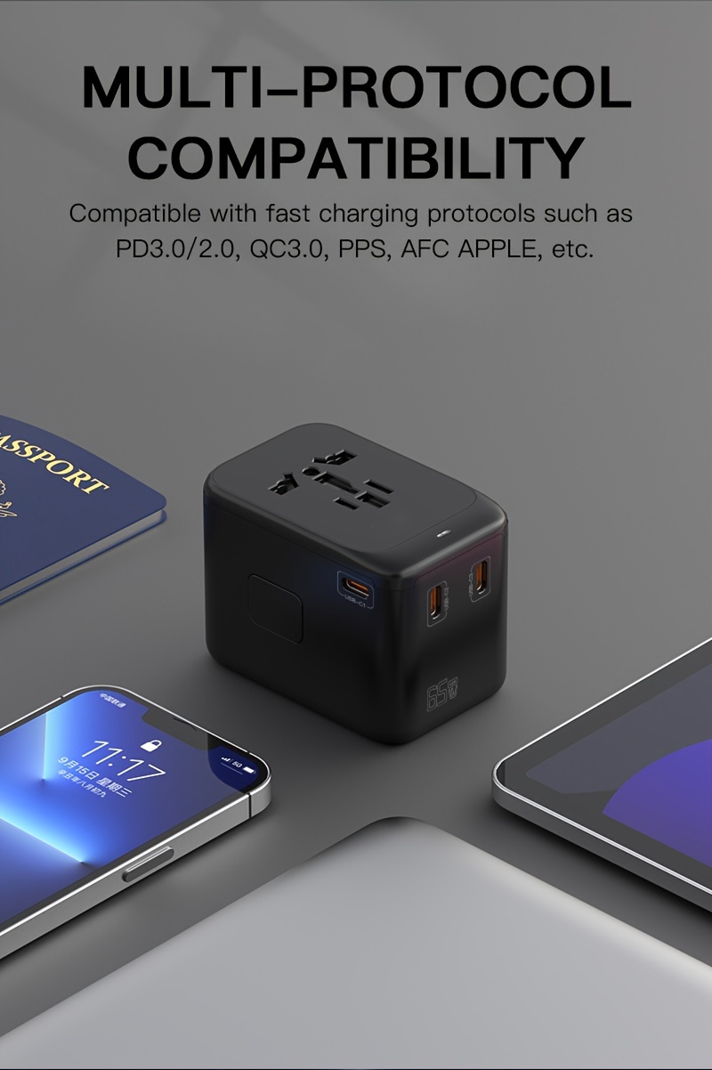 International Travel Adapter, GaN III 65W Universal Travel Charger with 1 USB-A & 3 USB-C PD Fast Charging, All in One Outlet Adapter for iPhone,,Laptops, Type A/C/G/I (USA/UK/EU/AUS)