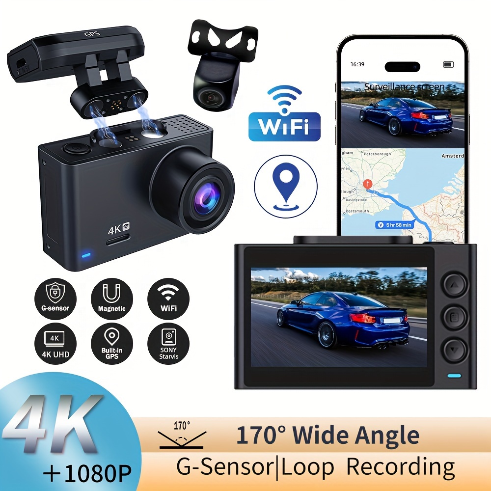 4K Dual Car Dash Cam 2160P Dashcam Camera 170 Angle Auto Video Recorder Car  Black Box with Back Cam Dual Lens 4K Car DVR Camera Night Vision