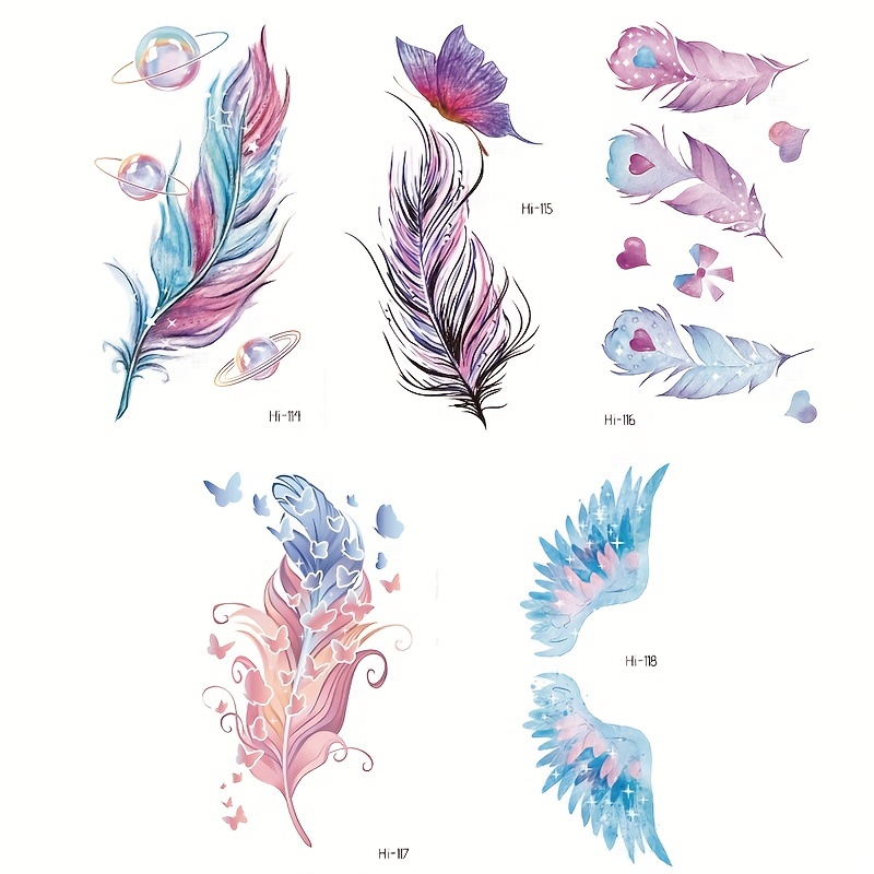 5 pcs Colorful Fantasy Feathers Waterproof Temporary Tattoo Sticker for  Body Art - Unique Watercolor Universe Design for Women and Men