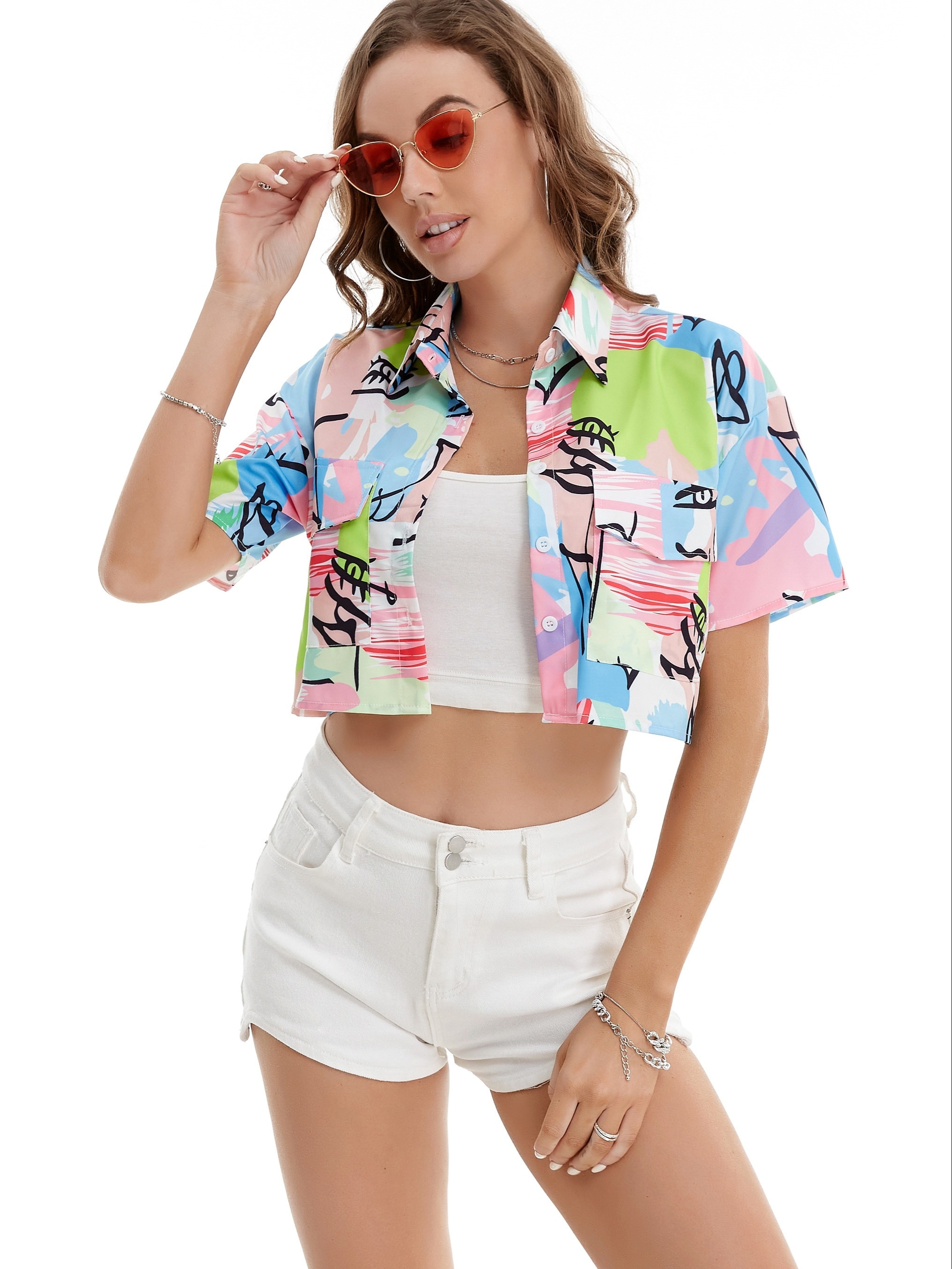 40 Women Crop Top Athletic Shirts Blouse Patchwork Print