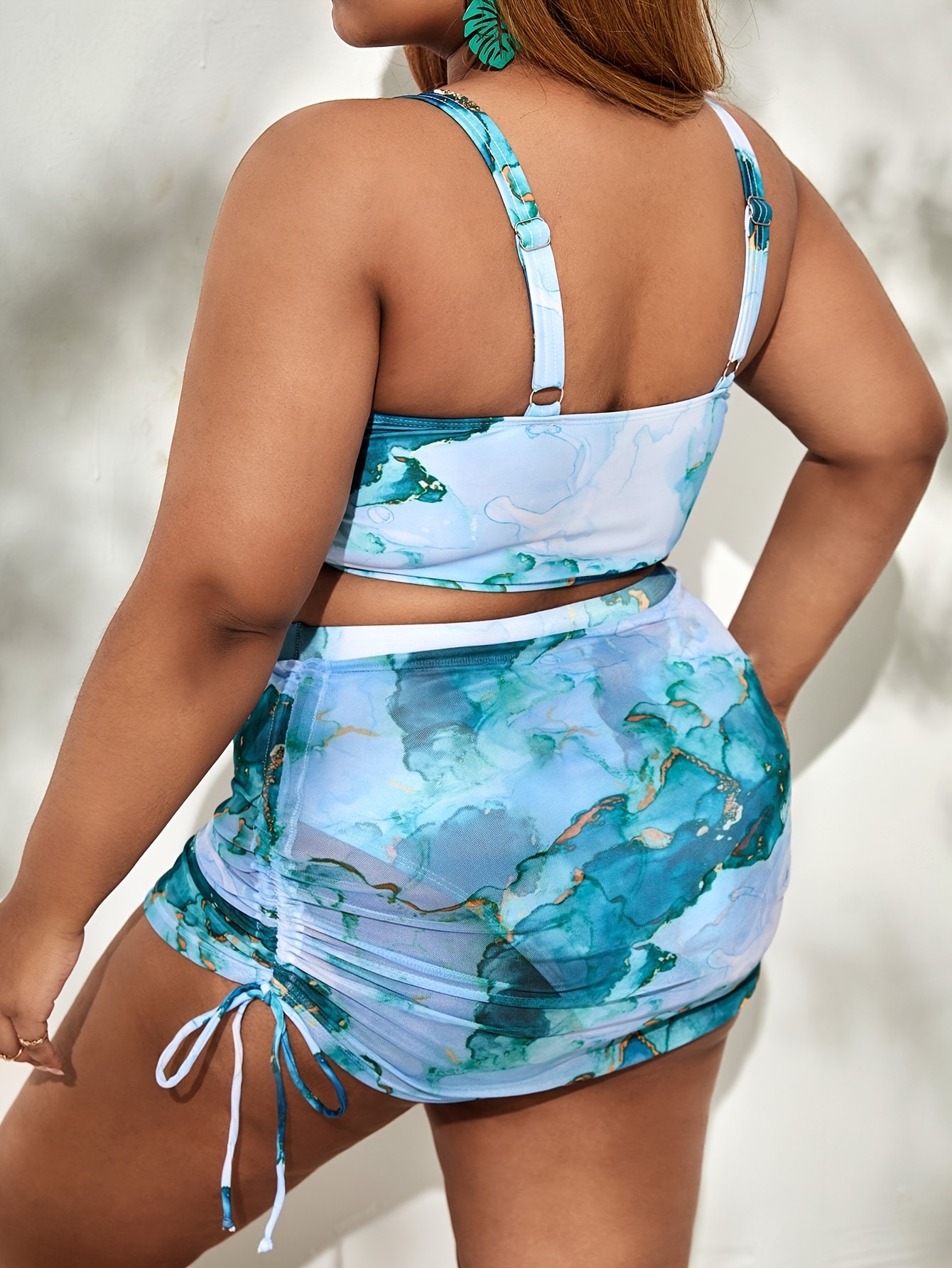 Plus Size Boho Bikini Set, Women's Plus Leaf Print Open Front Cover Up &  Knot Front Bra & High * Panty Swimsuit 3 Piece Set