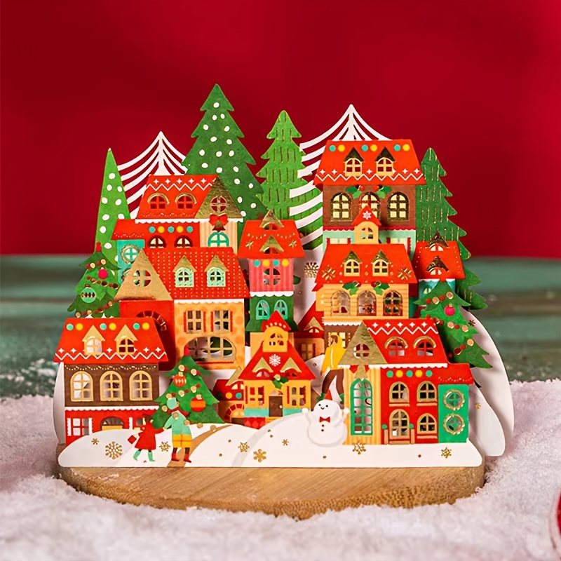Christmas Village 3d Pop-up Greeting Card With Envelope - Laser Cut, For Holiday Wishes & Messages