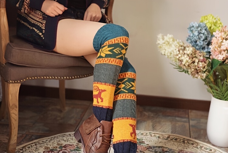 Christmas Autumn Winter Twist Snowflake Fawn Socks Knitted - Temu