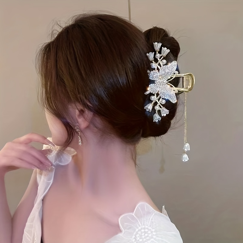 Rhinestone Butterfly Hair Claw With Tassel - Elegant Metal Enamel Flower  Hair Clips For Women's Hair Accessories - Temu