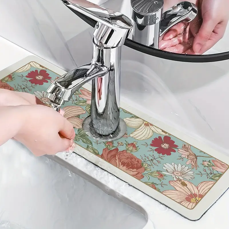 Dexi Sink Faucet Mat, Floral Faucet Absorbent Mat, Faucet Handle