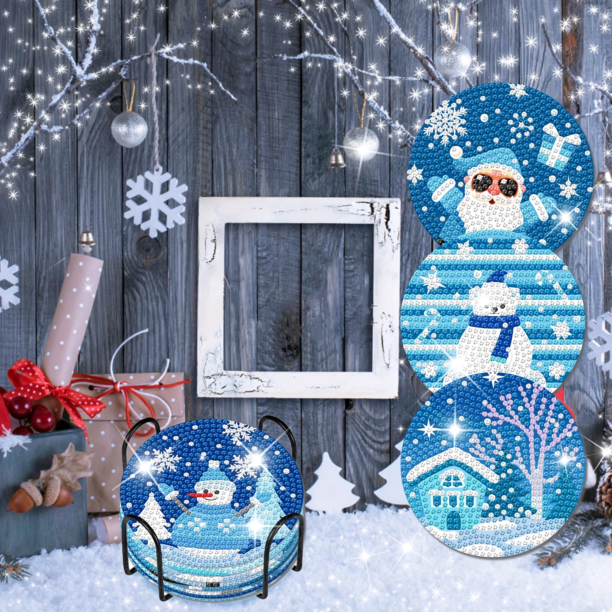 Snowman Snowflake Diamond Art Painting Coasters Kits With Holder
