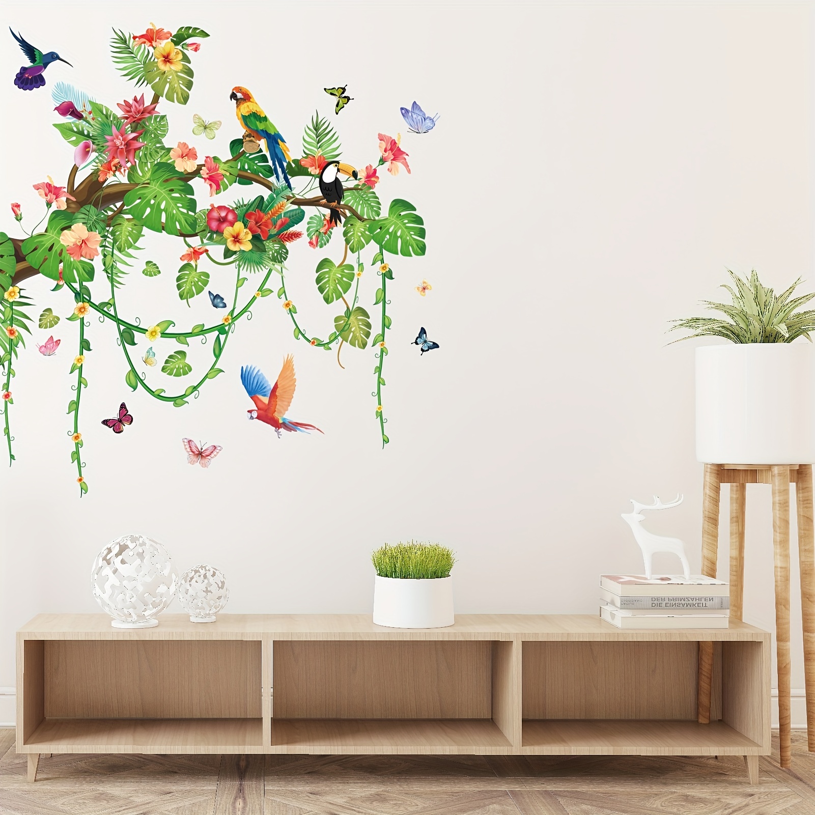 Sticker Mural Feuille Verte, Sticker Mural Nature Feuilles De Vigne  Tropicales, Sticker Mural Fleur, Sticker Mural Oiseaux Pour Salon Chambre  Couloir