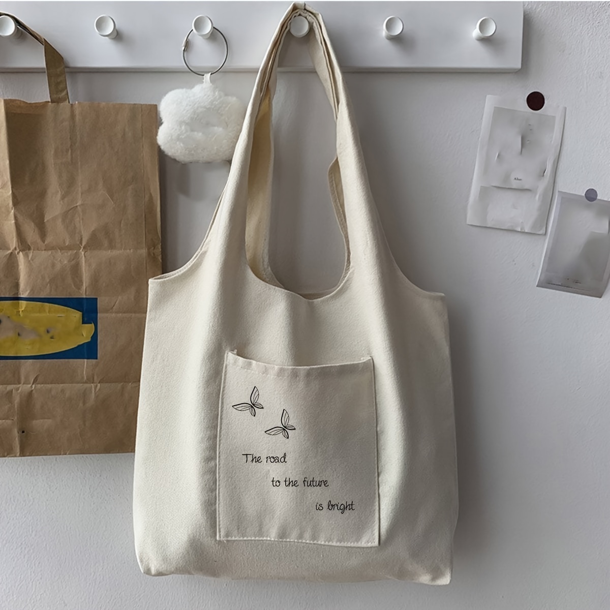 

Butterfly Print Canvas Tote Bag, Simple Large Capacity Shoulder Bag, Lightweight Handbag For Shopping, Travelling