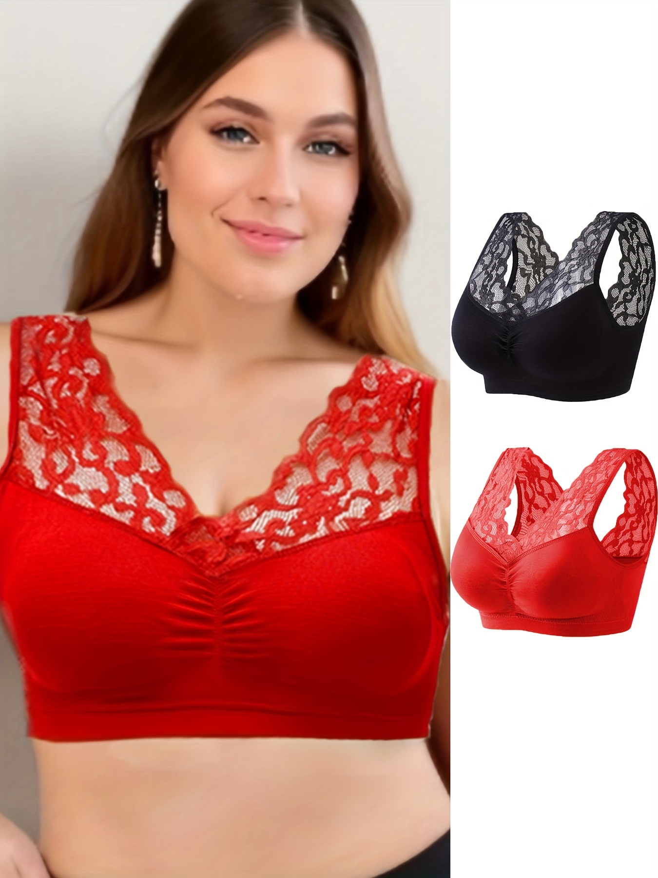 2pcs Women's Elegant Bra Set, Plus Size Contrast Lace Ruched Wireless Yoga  Running Bralette