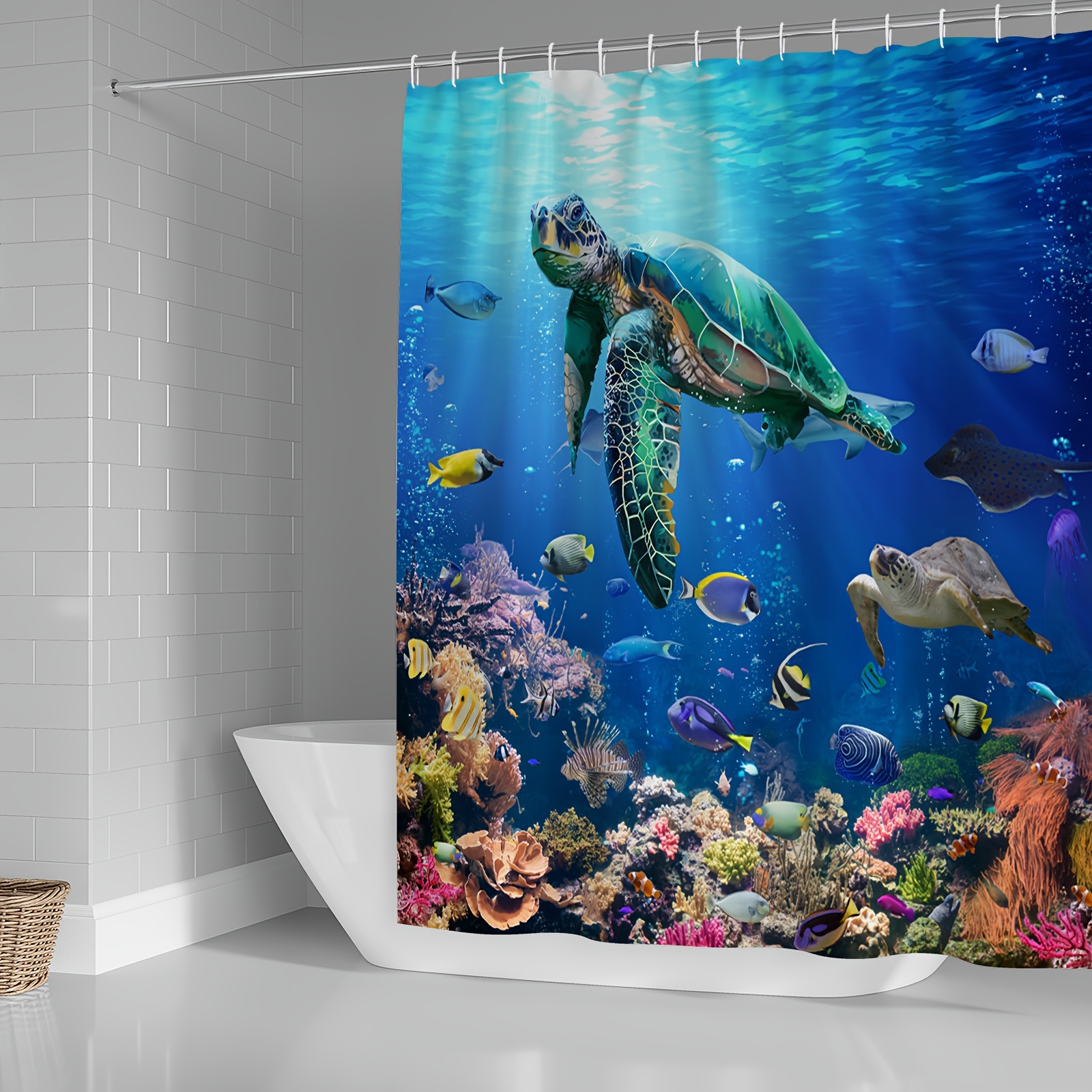 4Pcs Turtle Shower Curtain And Mat, Underwater World * Fish Turtle Print  Shower Curtain, Marine Animal Green Turtle Shower Curtain Set, Non-s