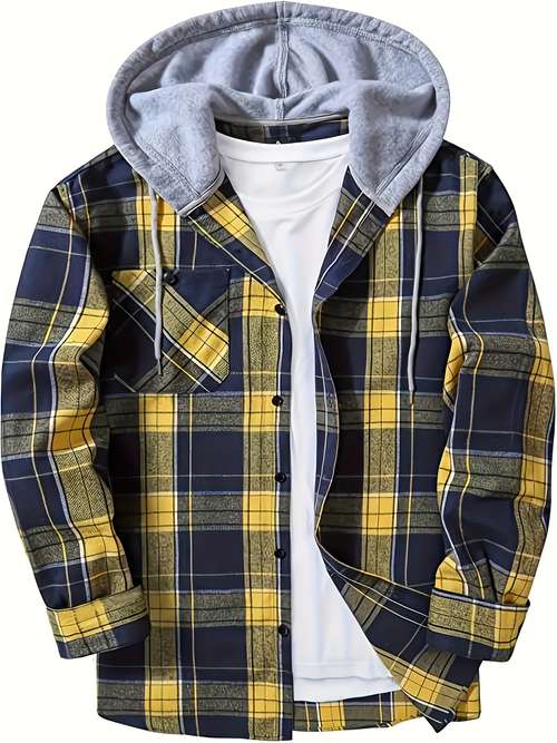 plaid pattern mens long sleeve hooded shirt jacket with chest pocket mens casual fall winter outwear