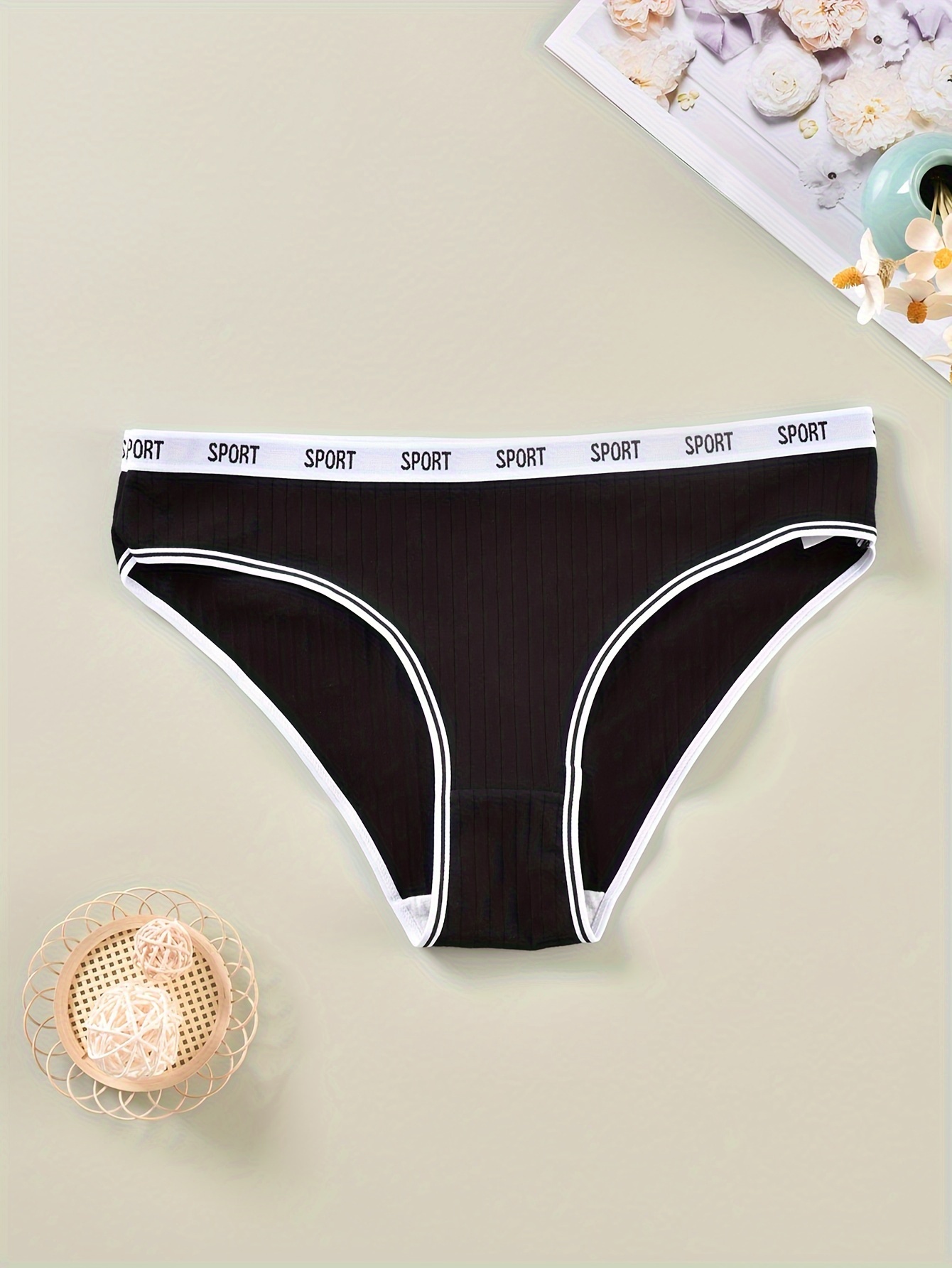 5 Pack Plus Size Sports Panties Set Women's Plus Ribbed Knit Contrast Letter Tap