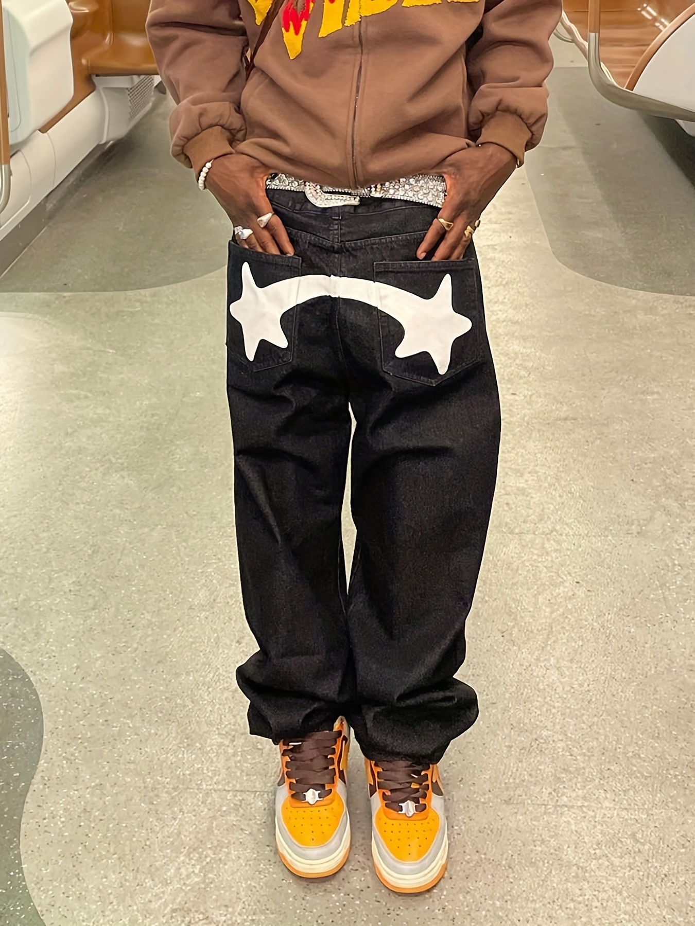 Y2k Star Pattern Loose Fit Baggy Jeans, Men's Casual Street Style Denim  Pants For All Seasons