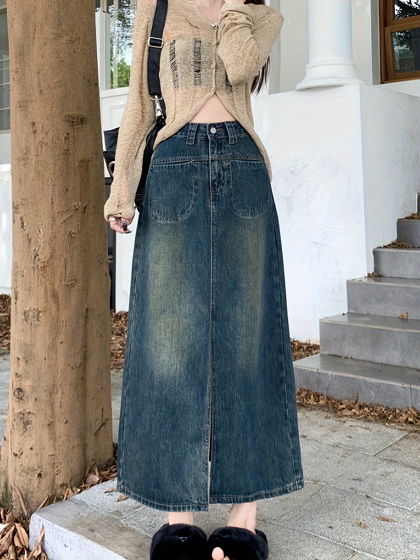 Slant Pockets Washed Denim Midi Skirt Split Front Non - Temu
