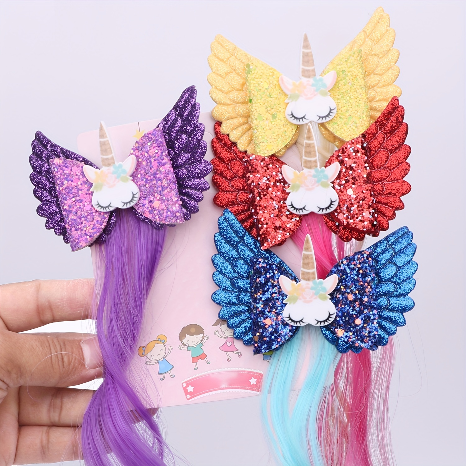 Girls Unicorn Wings Bowknot Hair Wig Extensions