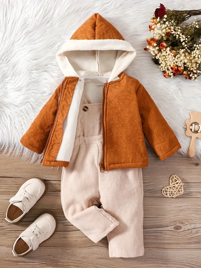 baby boys and girls overalls rhombus design fleece zip up hooded coat top two pieces set kids clothes autumn and winter details 4