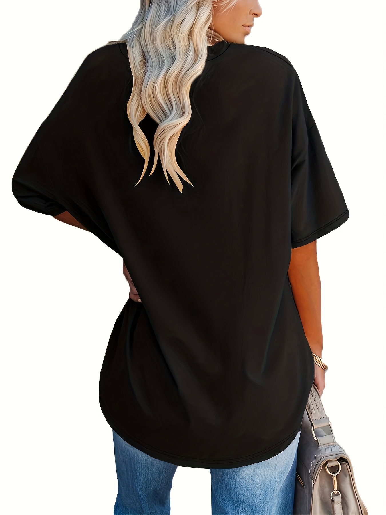 Plus Size - Women'S Plus Size V-Neck Casual T-Shirt - Short Sleeve, White with Black Letter Print, Lightweight Summer Tee for Casual Attire, Ladies T Shirts