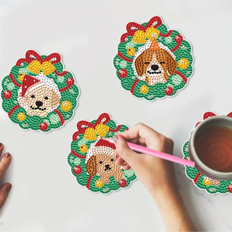 Christmas Wreath Dog Diamond Art Coasters Kit Diy Diamond - Temu